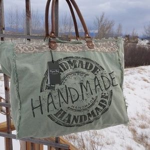 Myra-LAST 1! Handmade Stamp Print Weekender Canvas/Leather Ex-Large Tote bag-NWT